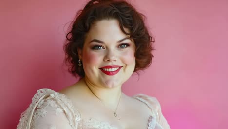 a woman in a pink dress smiling at the camera