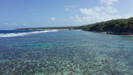 drone shot of coral reefs by green coastline of tropical island, tonga, polynesia, oceania