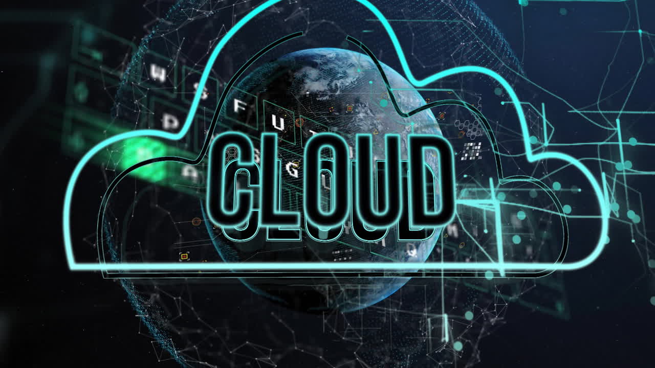 Animation of cloud text over globe and financial data processing