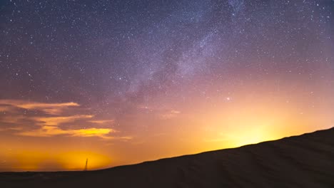 espectacular perspectiva de lapso de tiempo, inclinándose hacia abajo desde las estrellas del sistema solar en una noche clara hasta el horizonte naranja