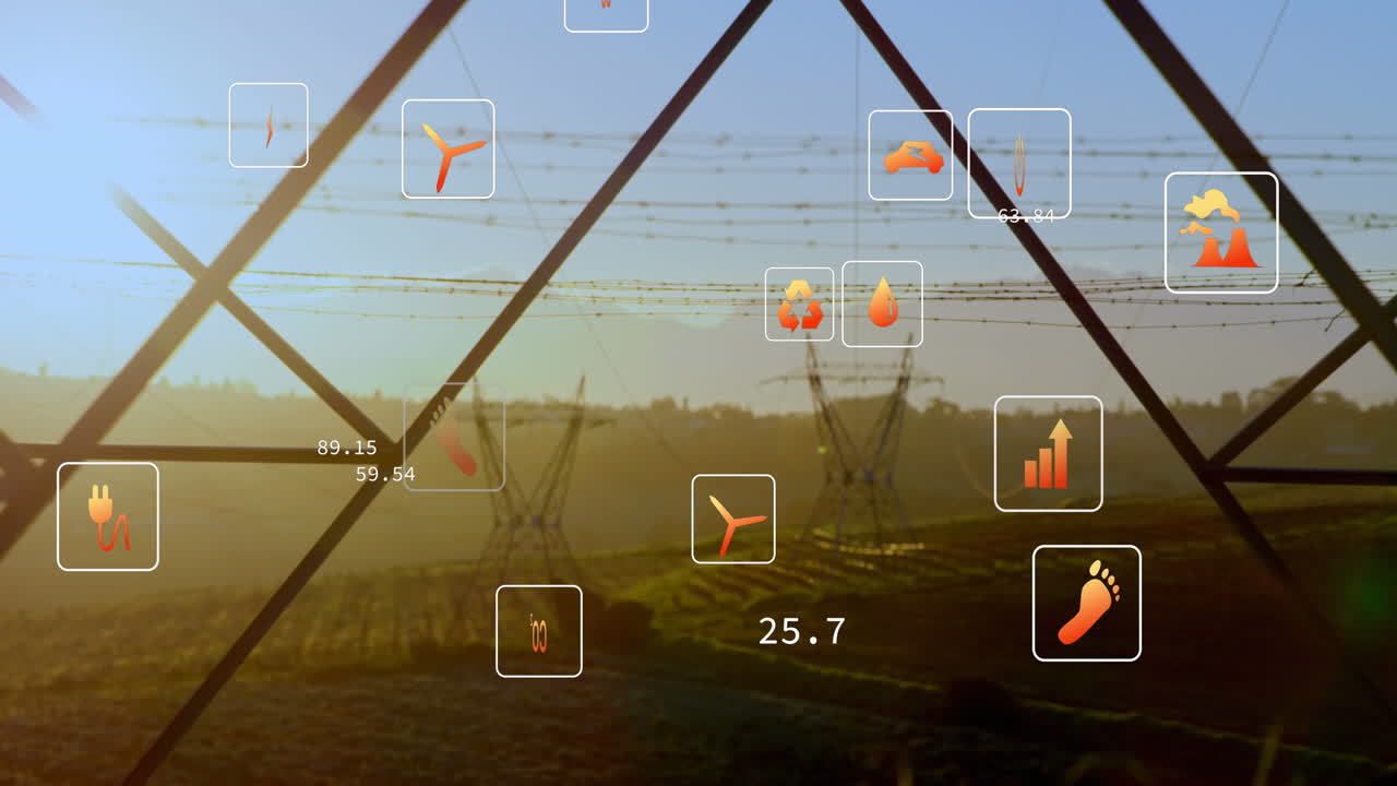 animación de iconos digitales y procesamiento de datos a través de líneas eléctricas