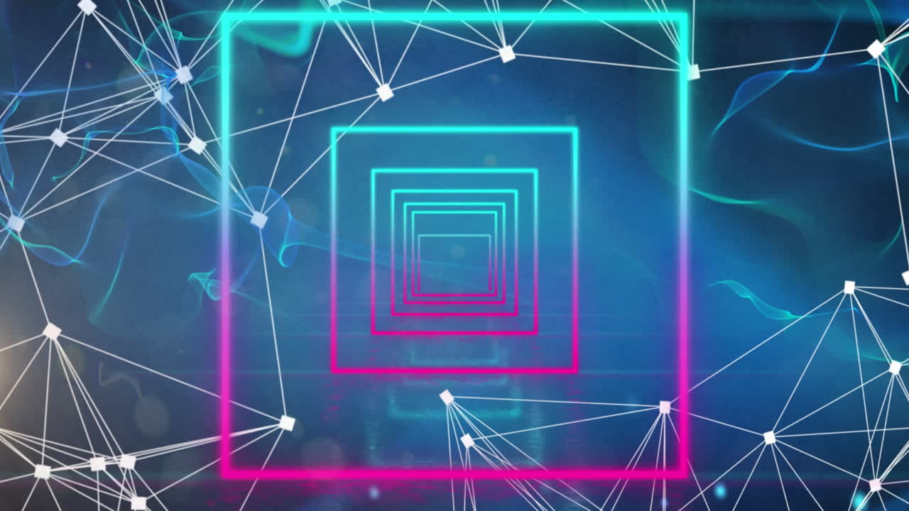 animación de la red de conexiones y ondas digitales sobre formas cuadradas en un patrón sin costuras