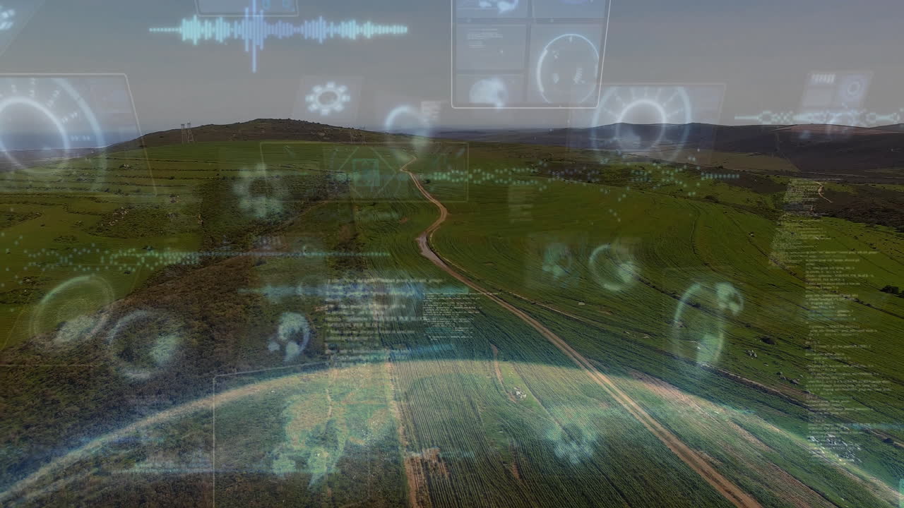 Drone scanning winding dirt road with HUD overlays showing data above terraced fields