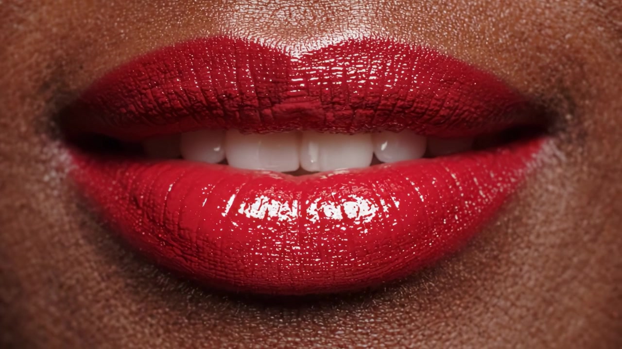 A Stunning Close-Up of Glossy Red Lips Showcasing a Vibrant Shade and Clean Smile, Perfectly Highlighting the Beauty of Lip Makeup and Skin Texture