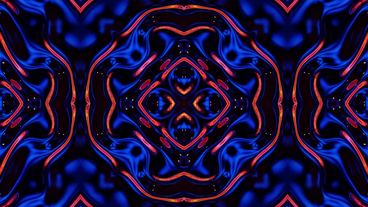 Liquid wavy pattern like kaleidoscope with waves, multicolor gradient. 3D stylish abstract looped bg, wavy symmetrical structure of brilliant liquid glass. 4k trendy colorful fluid animation.