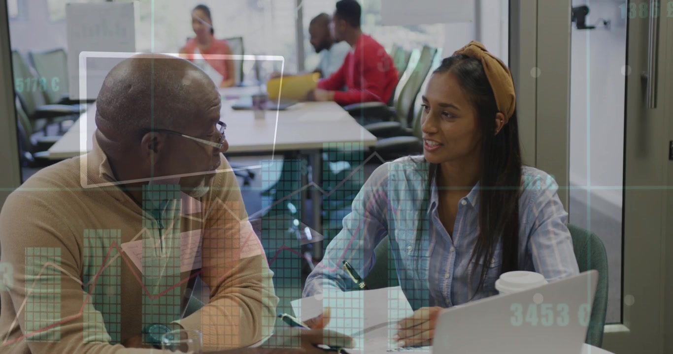Animation of financial data processing over business people in office