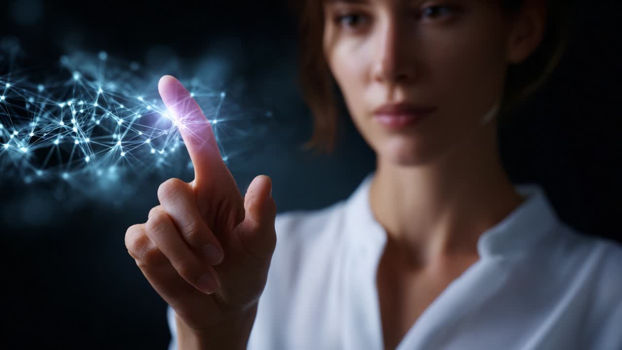 A woman interacts with digital technology, using her finger to illuminate a network of connections that symbolize data transfer, virtual interactions, and the intersection of human intention and digital innovation