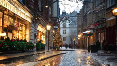 a christmas tree with red and gold ornaments is standing in the middle of a city street