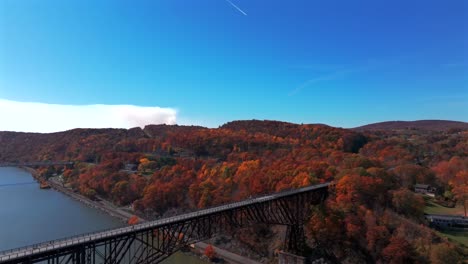 aerial view of a bridge in autumn