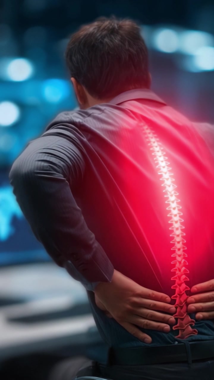 A man suffering from back pain at work, showcasing the discomfort related to prolonged sitting, with a highlighted spine to indicate the source of his distress.