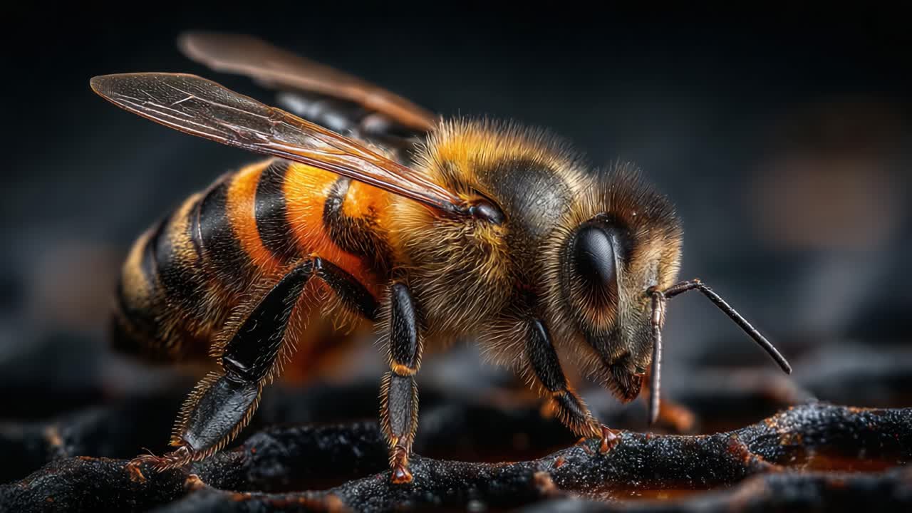 Close-Up of a Honey Bee Showcasing Intricate Details and Textures, Highlighting Its Unique Features and Behavior in its Natural Environment