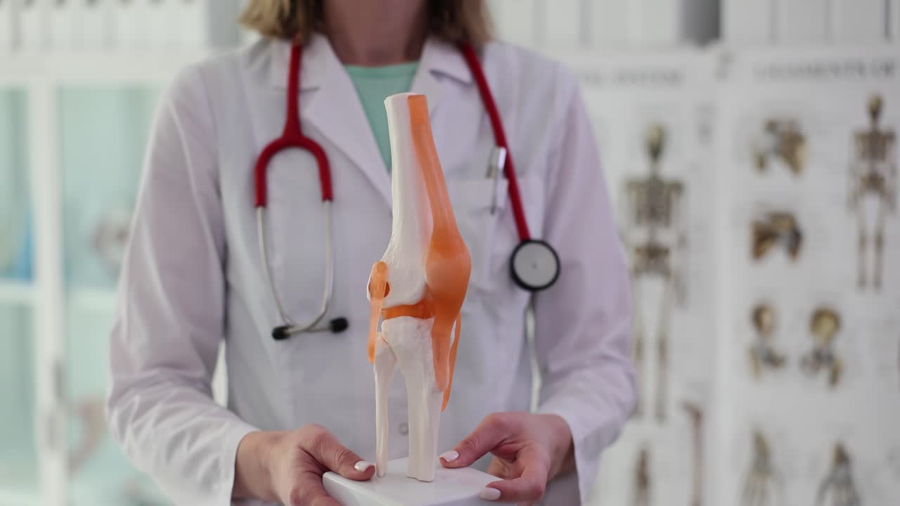 Doctor holding a knee joint model