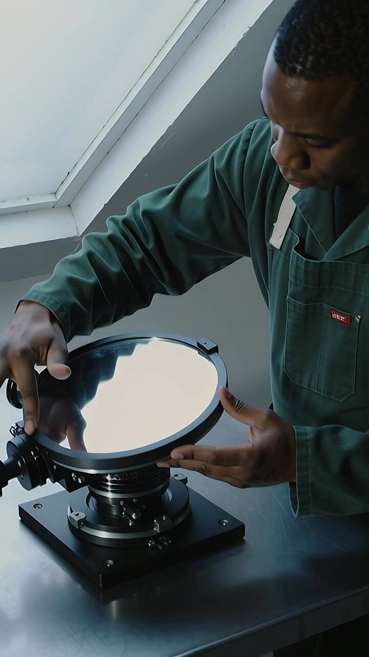 Video verticale: posizionamento del disco, tecnico in tuta verde su un banco illuminato dal lucernario che stabilizza e allinea il palco
