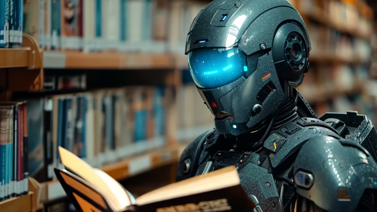 Robot Engaged in Reading at a Modern Library Setting. A robot explores a book in a futuristic library filled with shelves of literature.