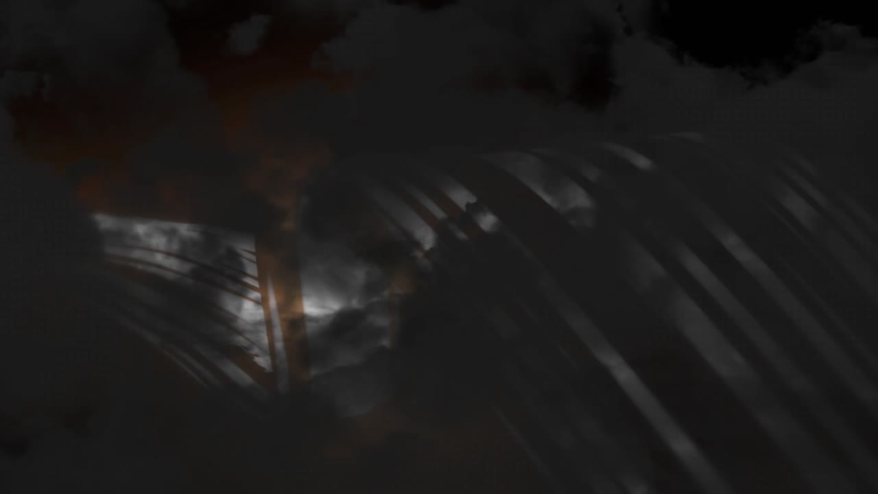 Reflection sweeping across ribs, smoke drifting, embers pulsing, fin rising, revealing curved ribs