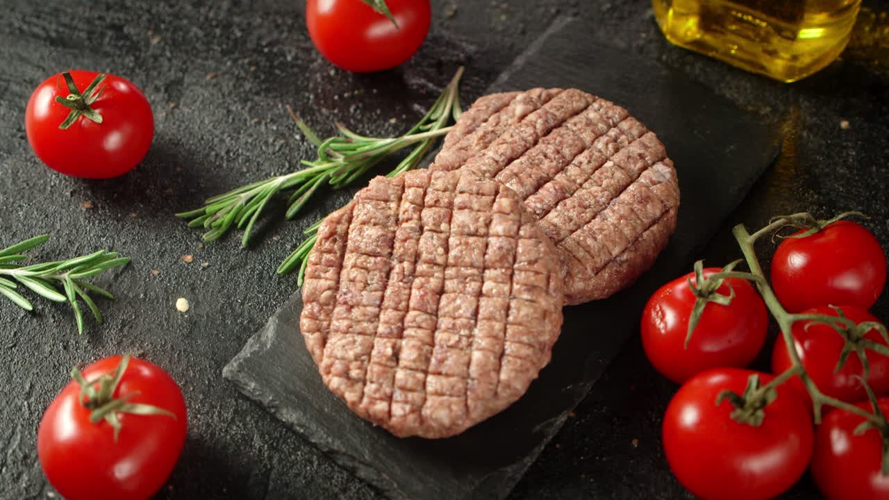 Raw burger meat on stone board with tomatoes and rosemary.