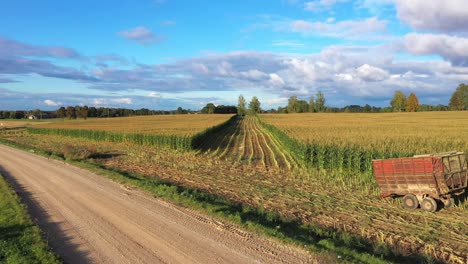 biomass industry, partly harvested corn field with empty trailer in golden hour aerial