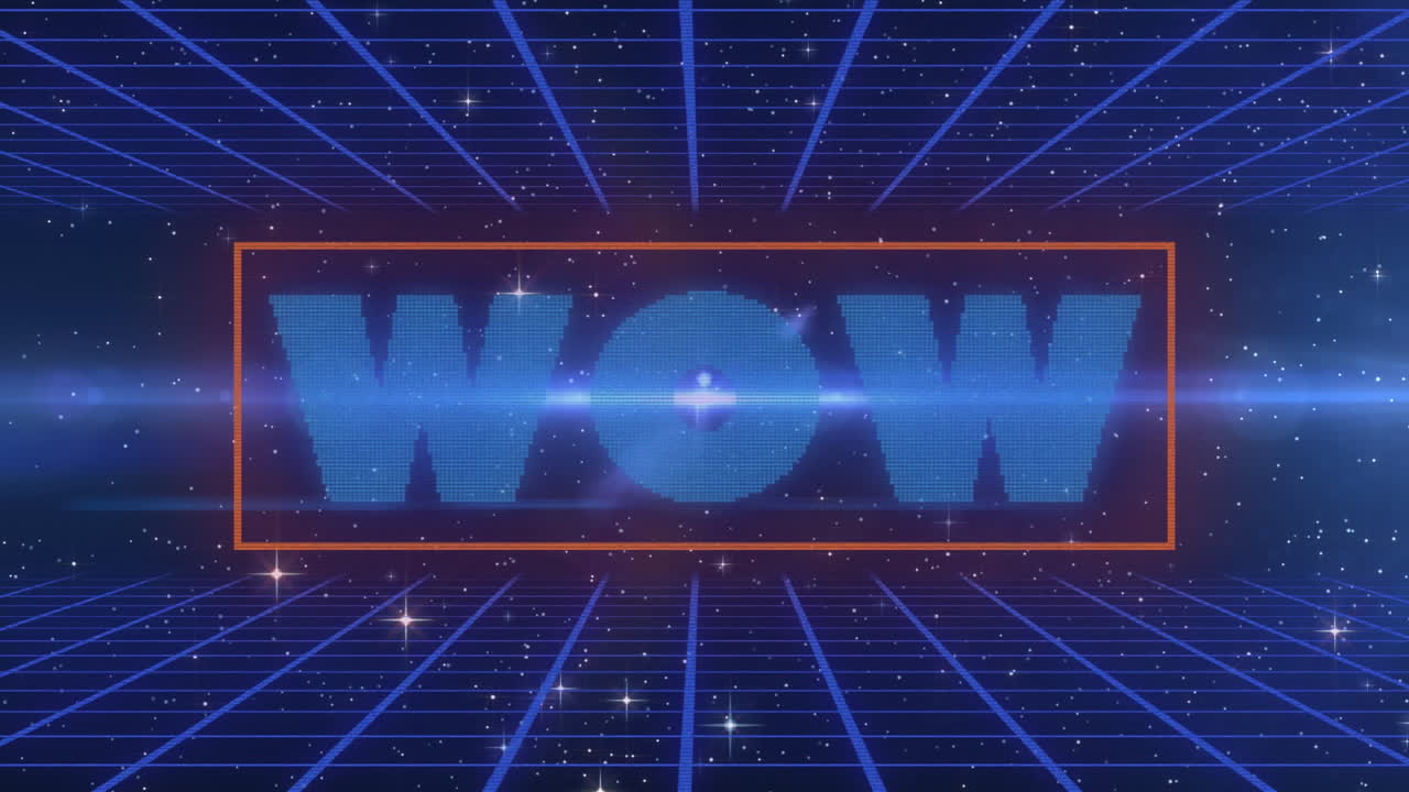 파란색 배경의 그리드 위의 와우 텍스트와 별의 애니메이션