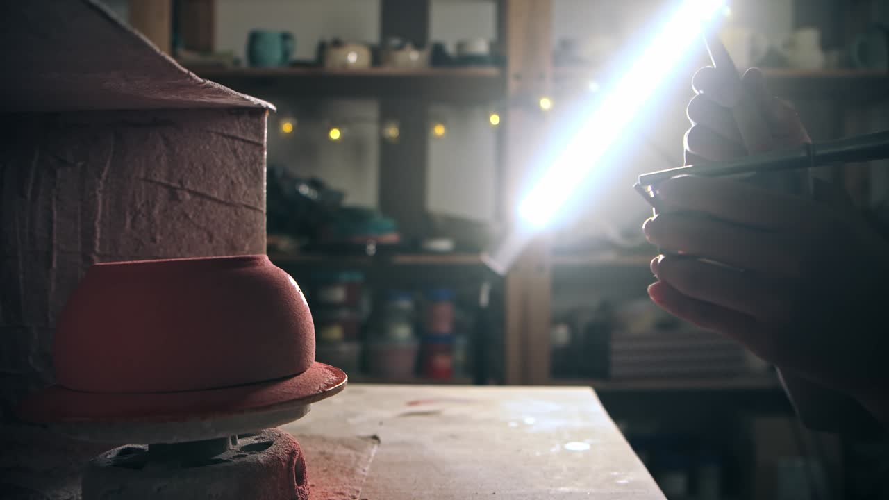 joven alfarera rocia manualmente la pintura rosada soplando en el accesorio