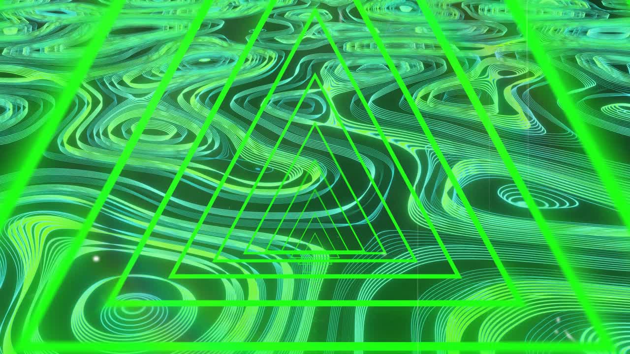 On play neon green triangle wireframe holding, cyan contours drifting and glints pulsing for depth