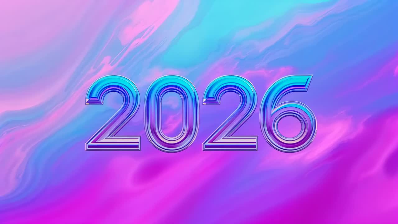Gleaming chrome NEW YEAR 2026 shifting on screen banner under sweep across marble tones for reveal