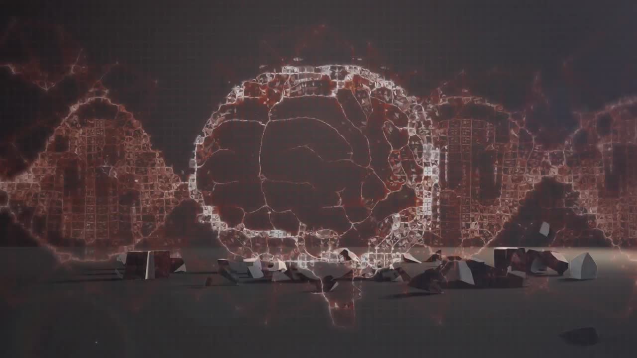 인간의 뇌가 달러 통화 기호를 회전시키고 회색 배경에 떨어지고 깨집니다.