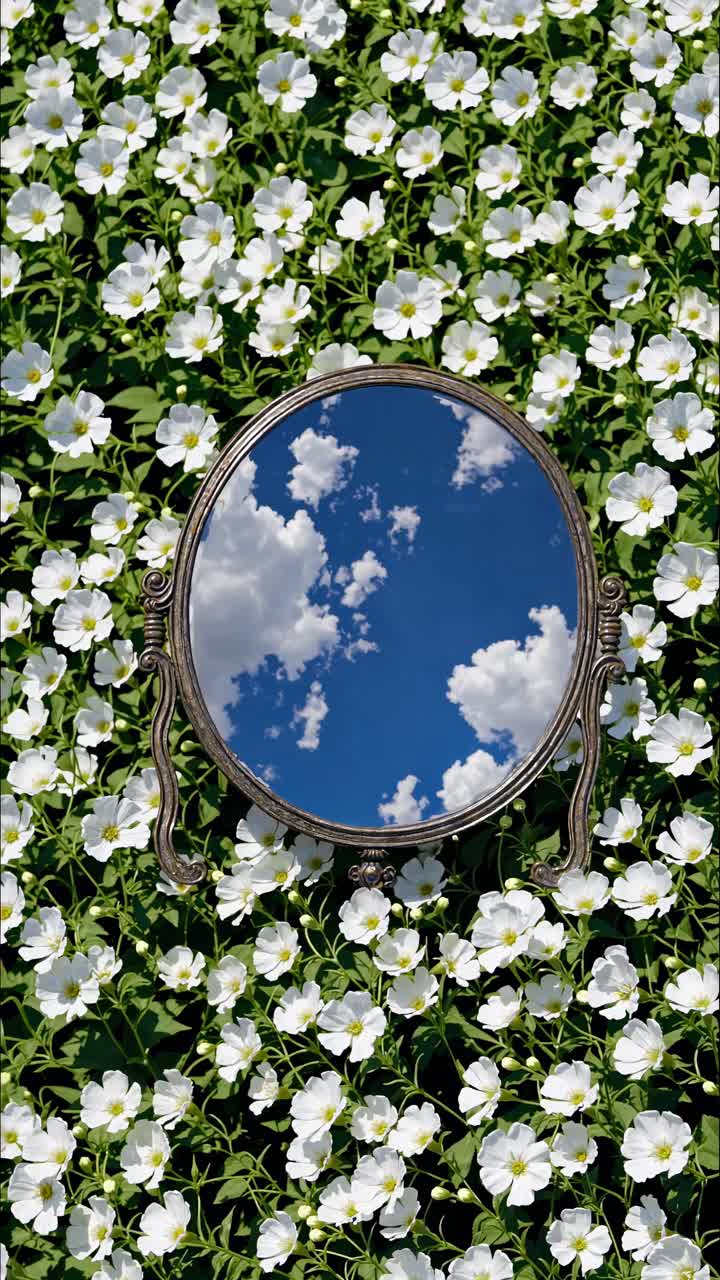 Aerial view of a vintage mirror on a bed of white flowers, reflecting a blue sky with clouds