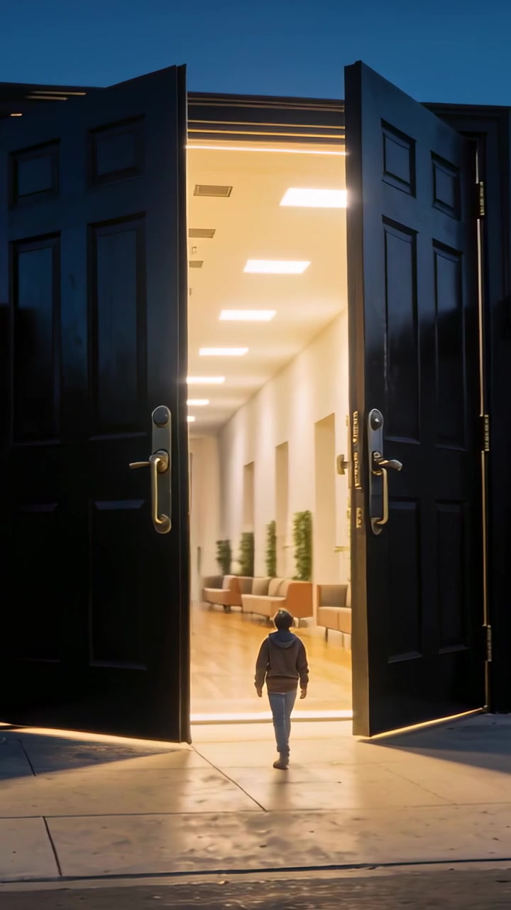 Vertical video: Seeing black doors opening, child wearing hoodie entering lit foyer showing sofa