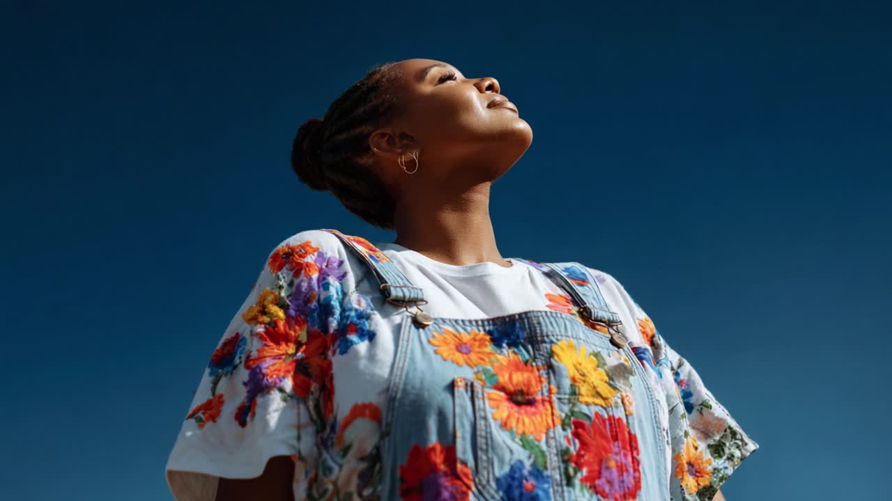A Vibrant Portrait of Confidence and Joy Under the Clear Blue Sky: Celebrating Life and Nature Through Colorful Fashion and Empowering Poses