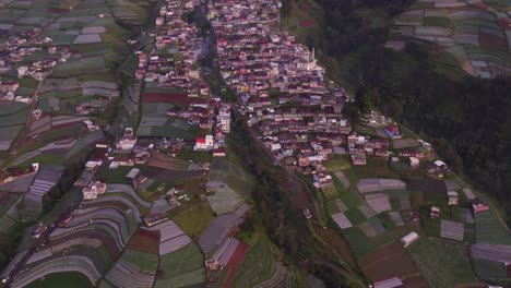 Drone-view-of-Nepal-Van-Java-on-the-slope-of-Mount-Sumbing-during-sunrise,-aerial