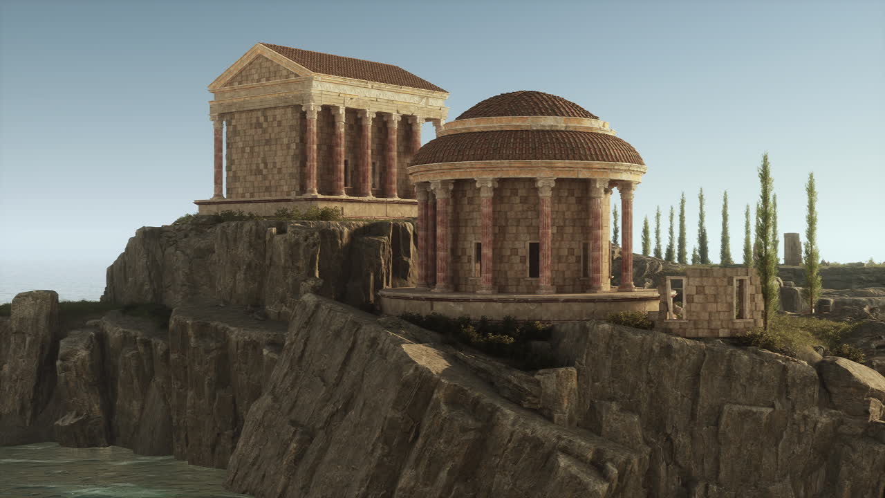 Ruins of an ancient roman temple on a rocky cliff overlooking the sea