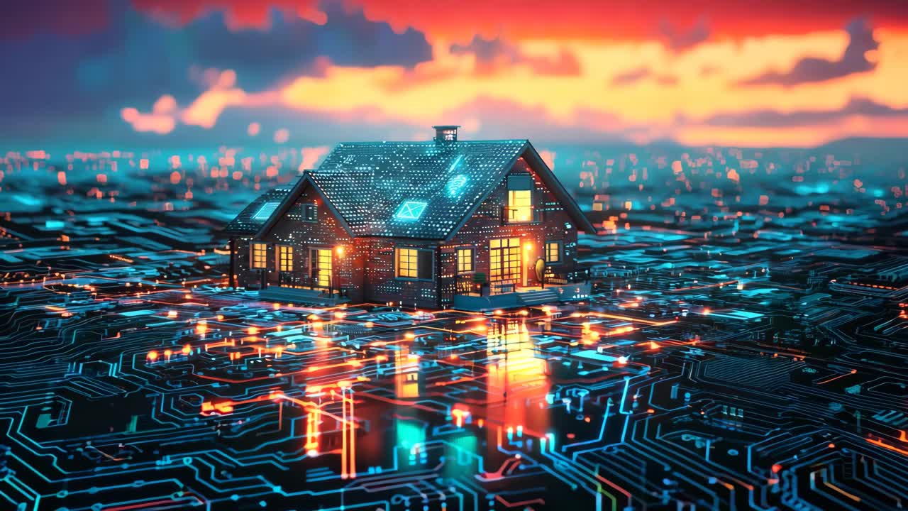 A house is shown in a cityscape with lights and wires surrounding it. The house is lit up and he is a futuristic home