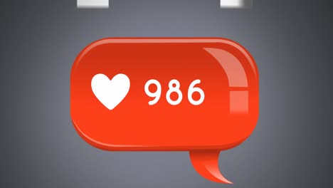 animation of heart shape and changing number in notification bar over arrows on gray background