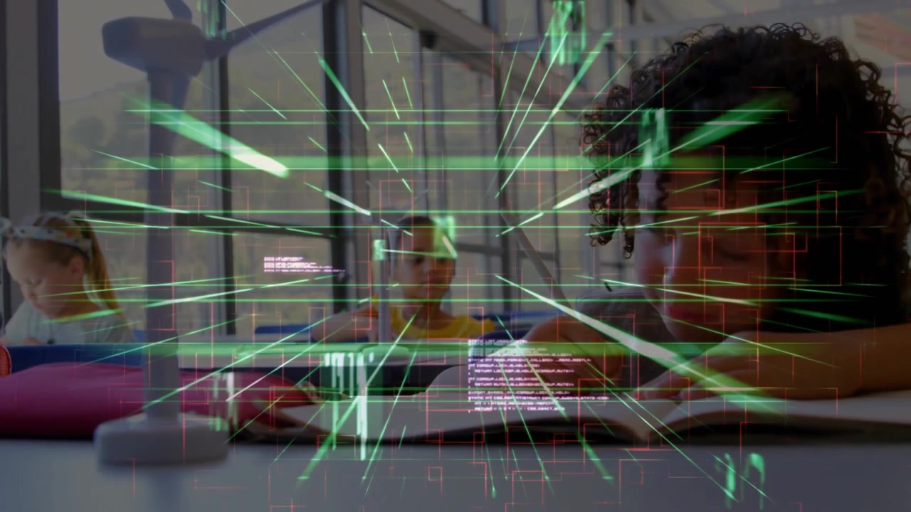 Children learning in classroom as boy reaching desk and activating green grid for exploring code