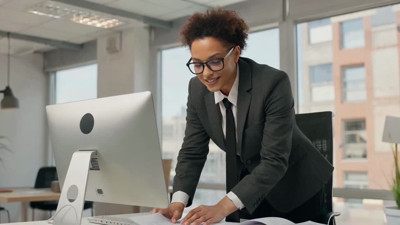 Professional Woman in Glasses Working on Computer in Modern Office