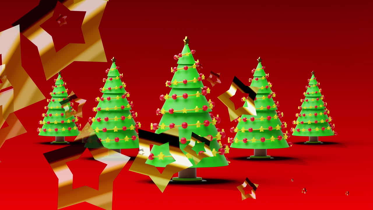 animación de estrellas cayendo sobre árboles de navidad en fondo rojo