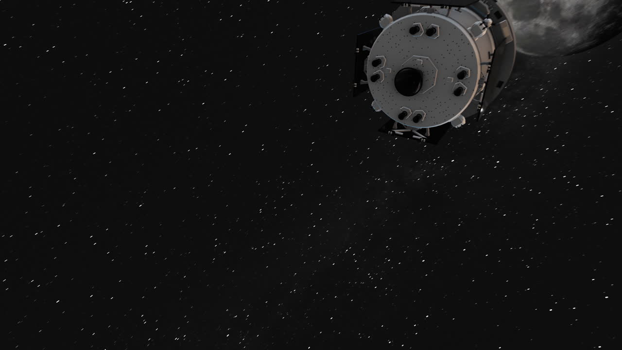Kapsul Orion Artemis melintas menuju Bulan dengan suar matahari dan latar belakang bintang-bintang - Animasi CGI 3D 4K
