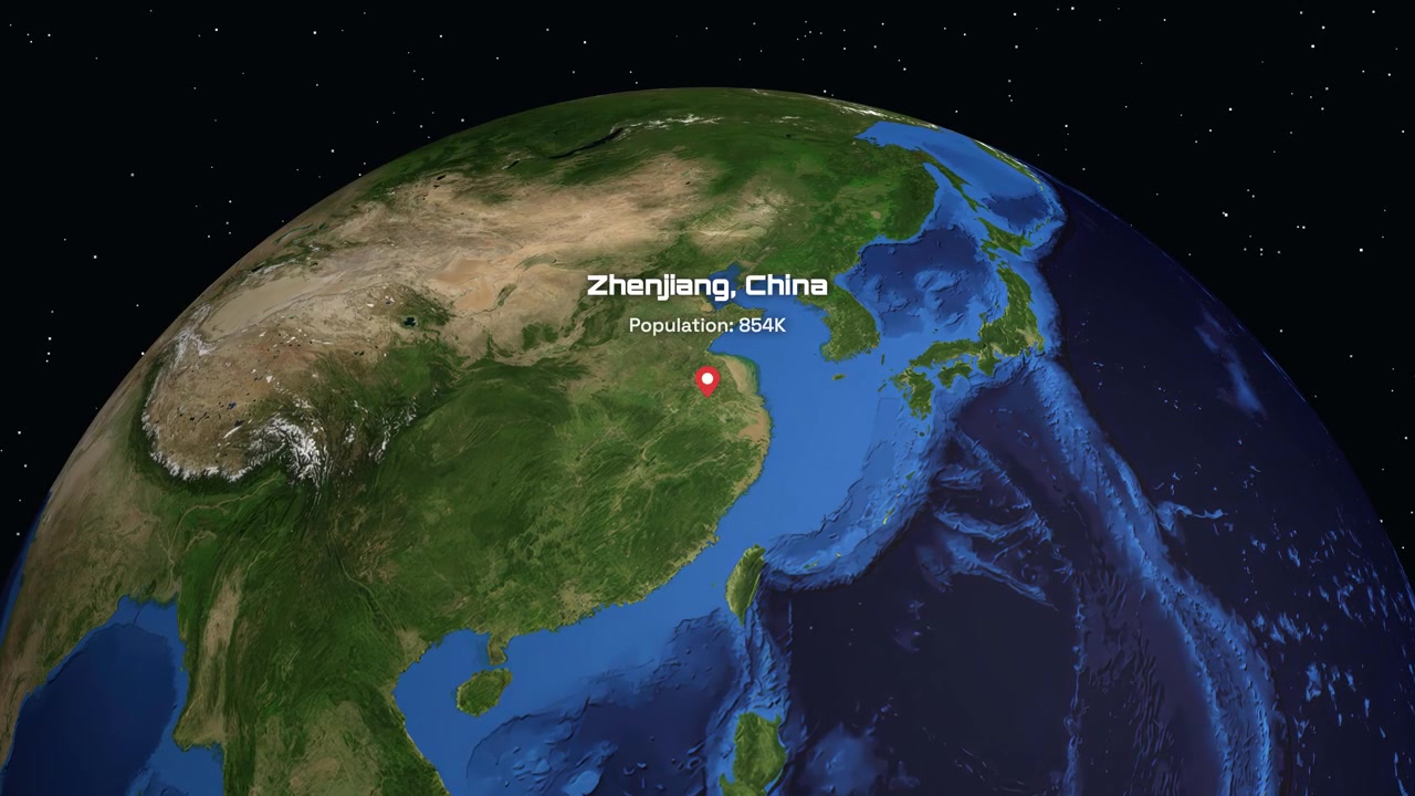 3D地球儀旋轉並放大至中國鎮江