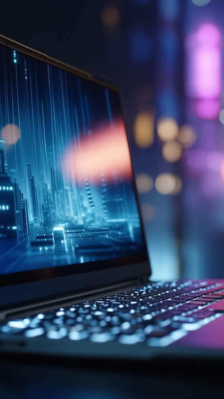 Un laptop futuristico mostra una vivace città digitale, illuminata con estetica cyberpunk, catturando l'essenza della tecnologia avanzata e della connettività.