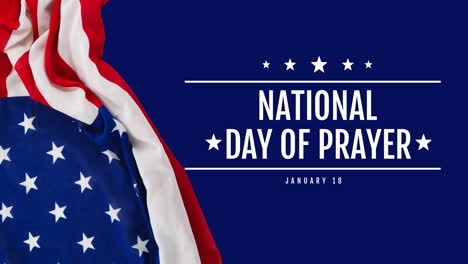 animation of national day of prayer text with american flag over blue background