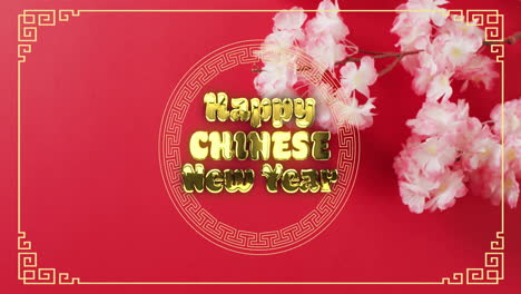 animation of happy chinese new year text and chinese pattern background