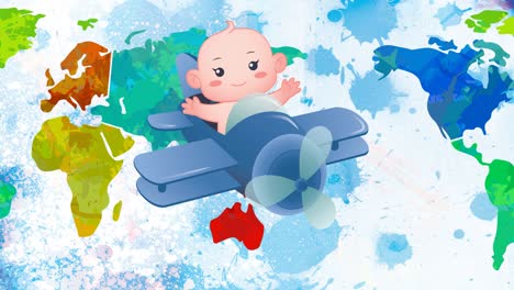 animación de un bebé en un avión volando sobre un mapa del mundo multicolor