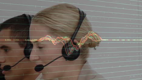 Animation-of-data-processing-over-business-people-using-phone-headsets