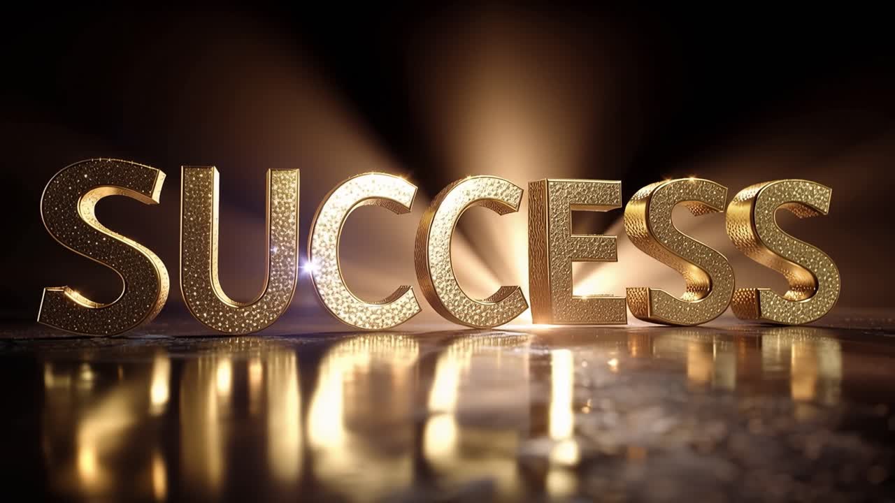 Golden word "SUCCESS" glows under radiant spotlight. Shiny letters reflect on dark, polished surface. Soft rays beam down, symbolizing achievement. Bold, aspirational, and motivational imagery