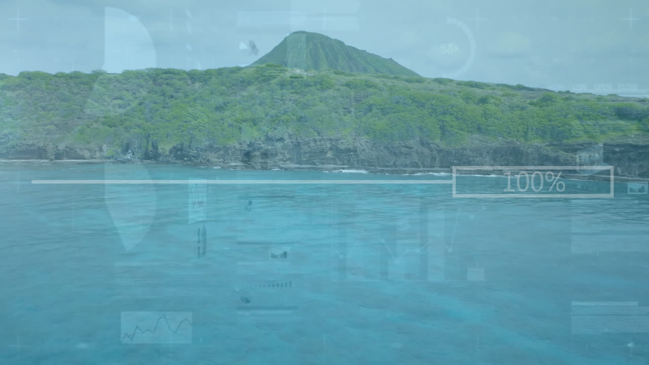 Island landscape with digital data processing animation over ocean view