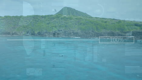island landscape with digital data processing animation over ocean view