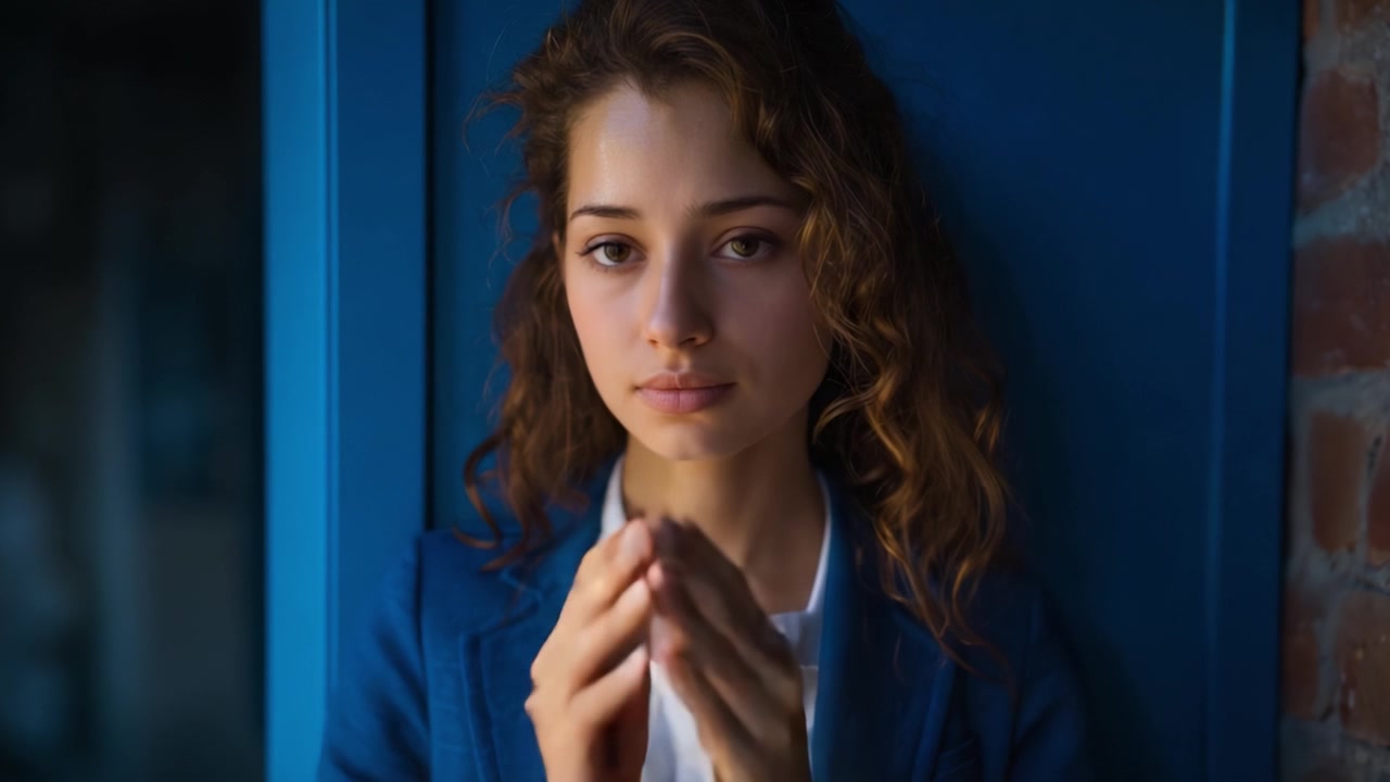 Un voyage de la détresse au calme : capturer la transformation émotionnelle d'une jeune femme dans un décor bleu lors d'un moment de réflexion