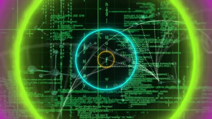 Animation of neon circular shapes in seamless pattern over data processing and molecular structures