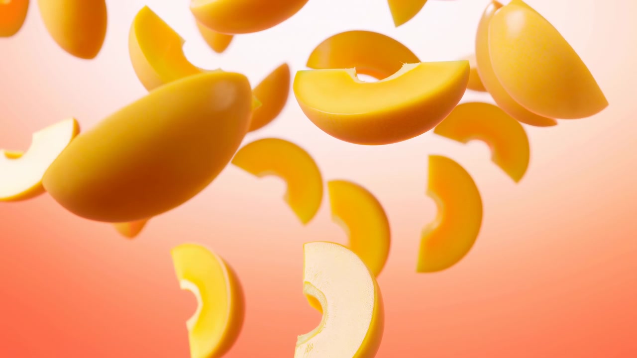 Grappolo di metà di frutti giallo-arancio lucidi e segmenti a mezzaluna sospesi a diverse profondità su uno sfondo sfumato liscio dal rosa al corallo.