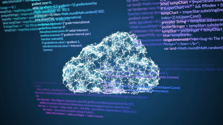 Animation of data processing and cloud on blue background